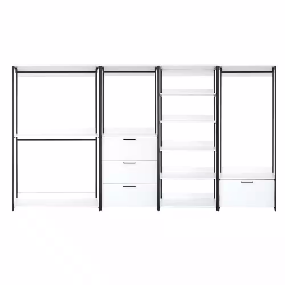 None Fiona 143 in. W White Freestanding Walk in Wood Closet System with Metal Frame