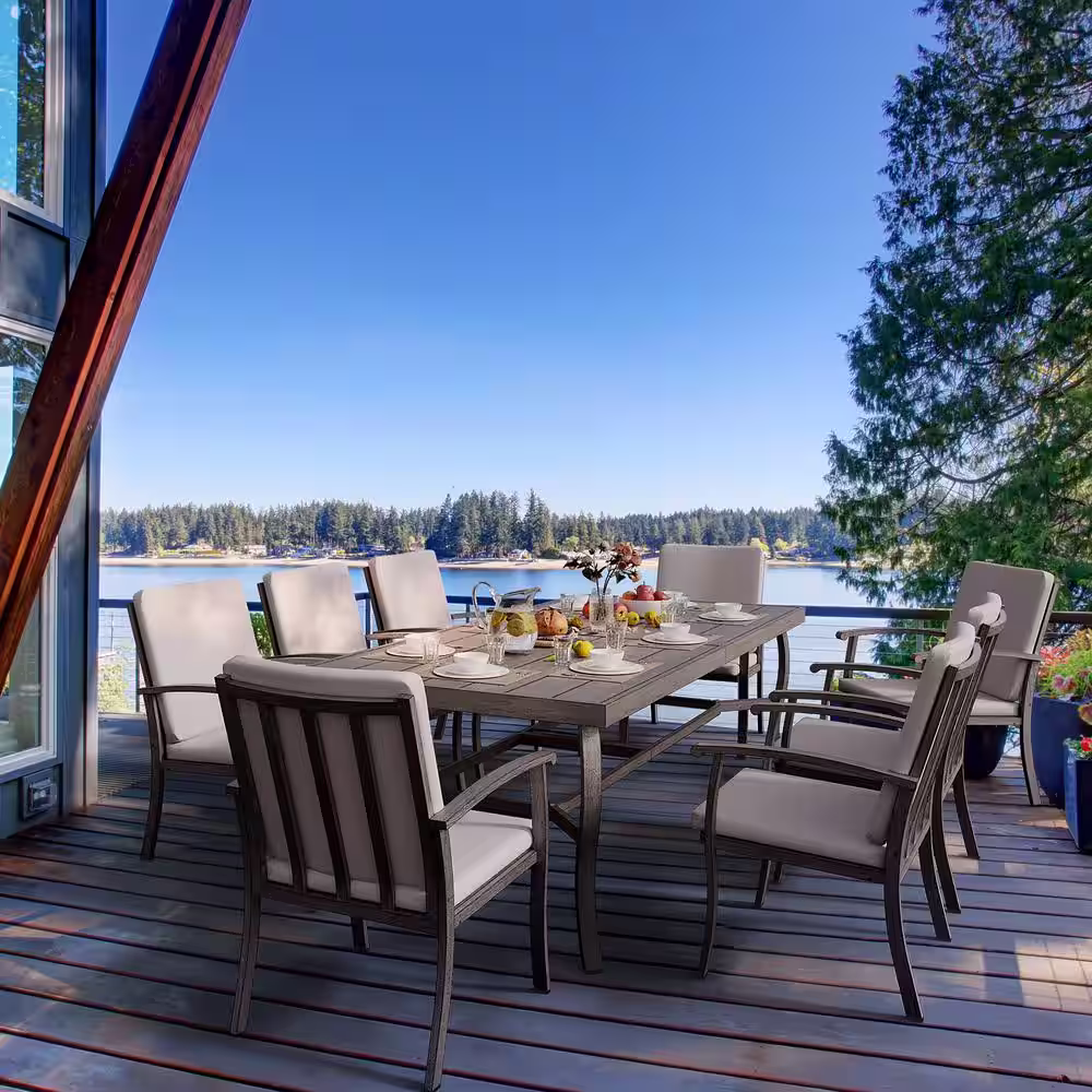 None Brown 9-Piece Aluminum Outdoor Dining Set with Rectangle Table and Gray Cushions