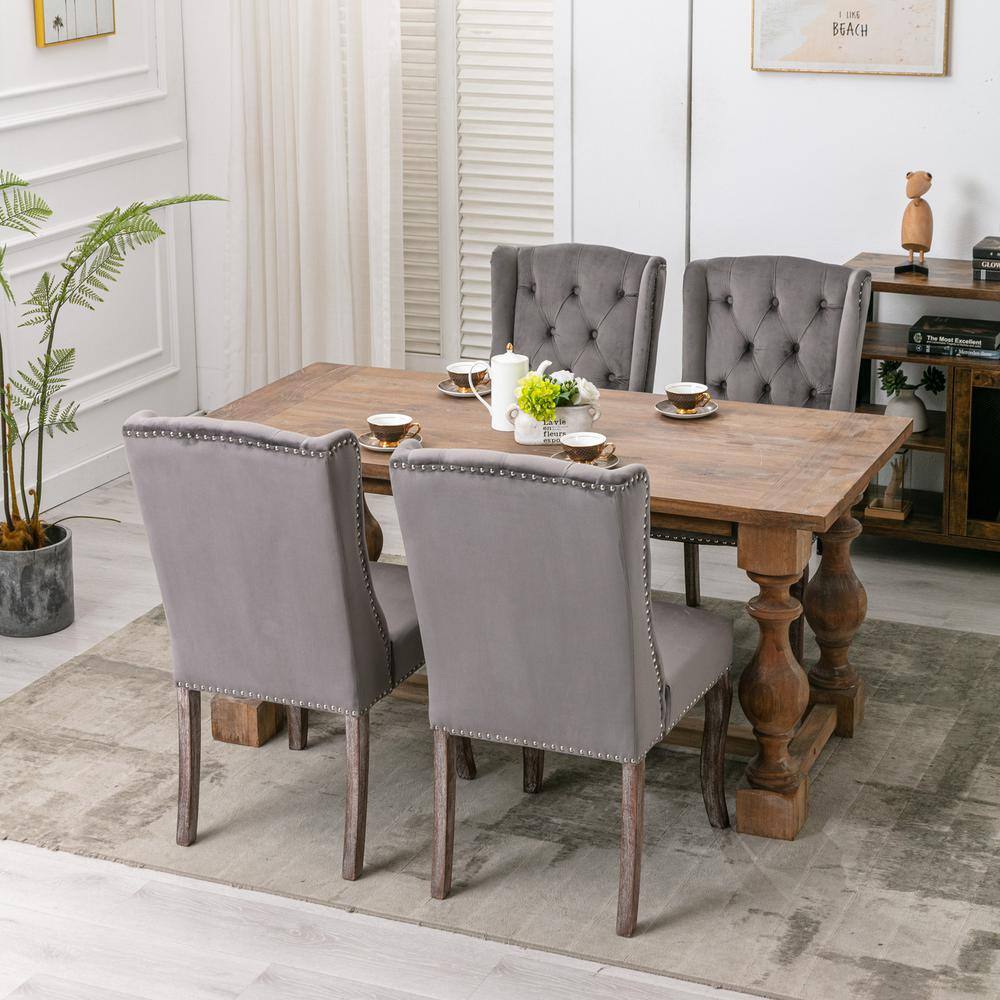 None Gray Velvet Wing Back Chair, Tufted Upholstered Dining Chair, Living Room Kitchen Chair with Nail Head (Set of 2)