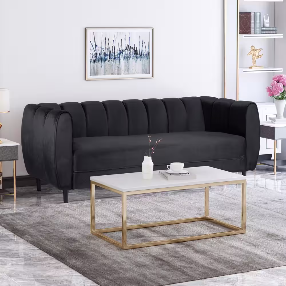 Noble House Bobran 83.25 in. Black Solid Velvet 3-Seat Tuxedo Sofa