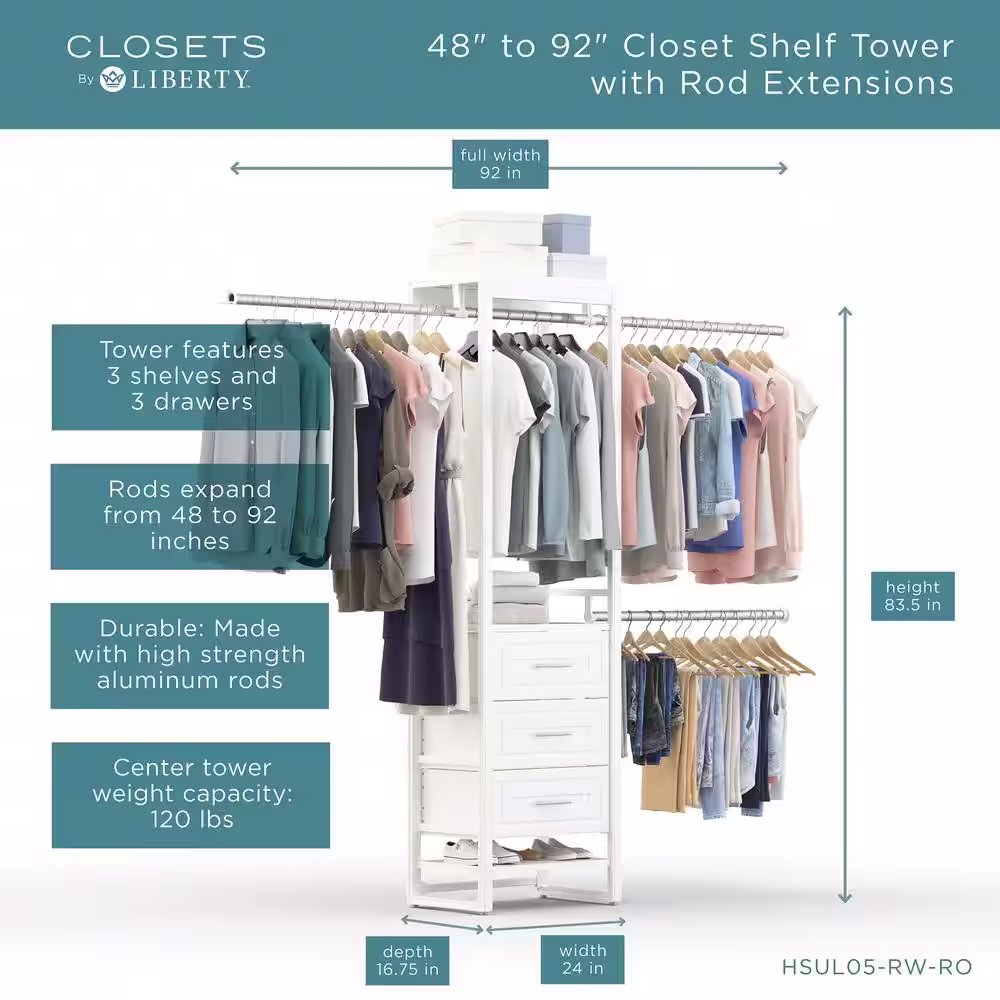CLOSETS By LIBERTY 48 in. W - 92 in. W White Closet Drawer Tower with Rod Extensions Wood Closet System