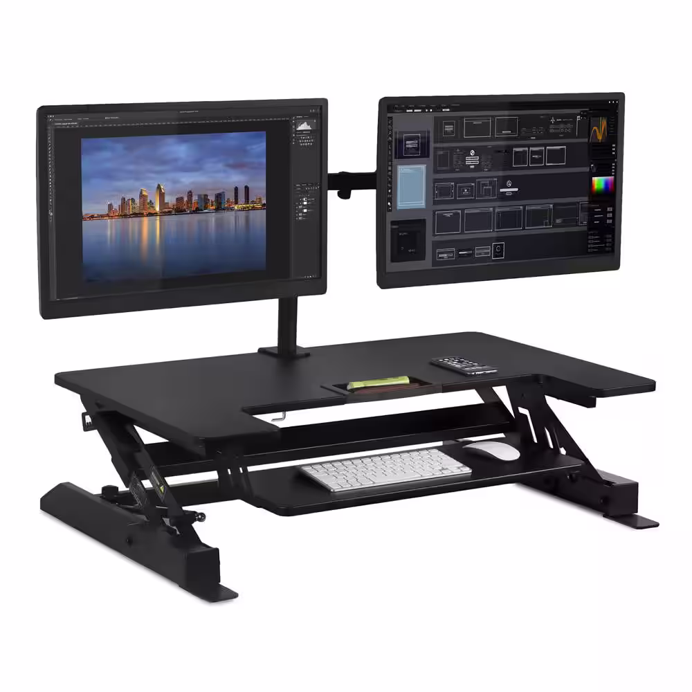 MOUNT-IT! 36.25 in. W Black Sit-Stand Desk Converter with Dual Monitor Mount