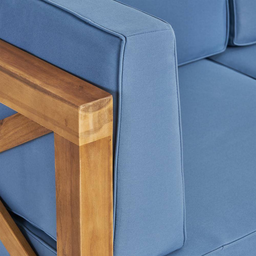 Noble House Brava Teak Brown 5-Piece Wood Patio Conversation Sectional Seating Set with Blue Cushions