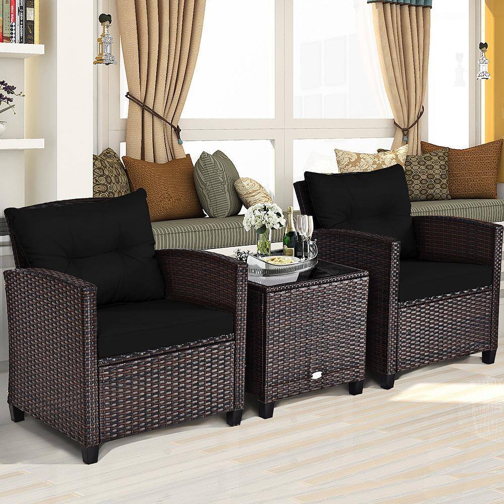 Costway Black 3-Piece Metal Brown Frame Patio Conversation with Black Cushions