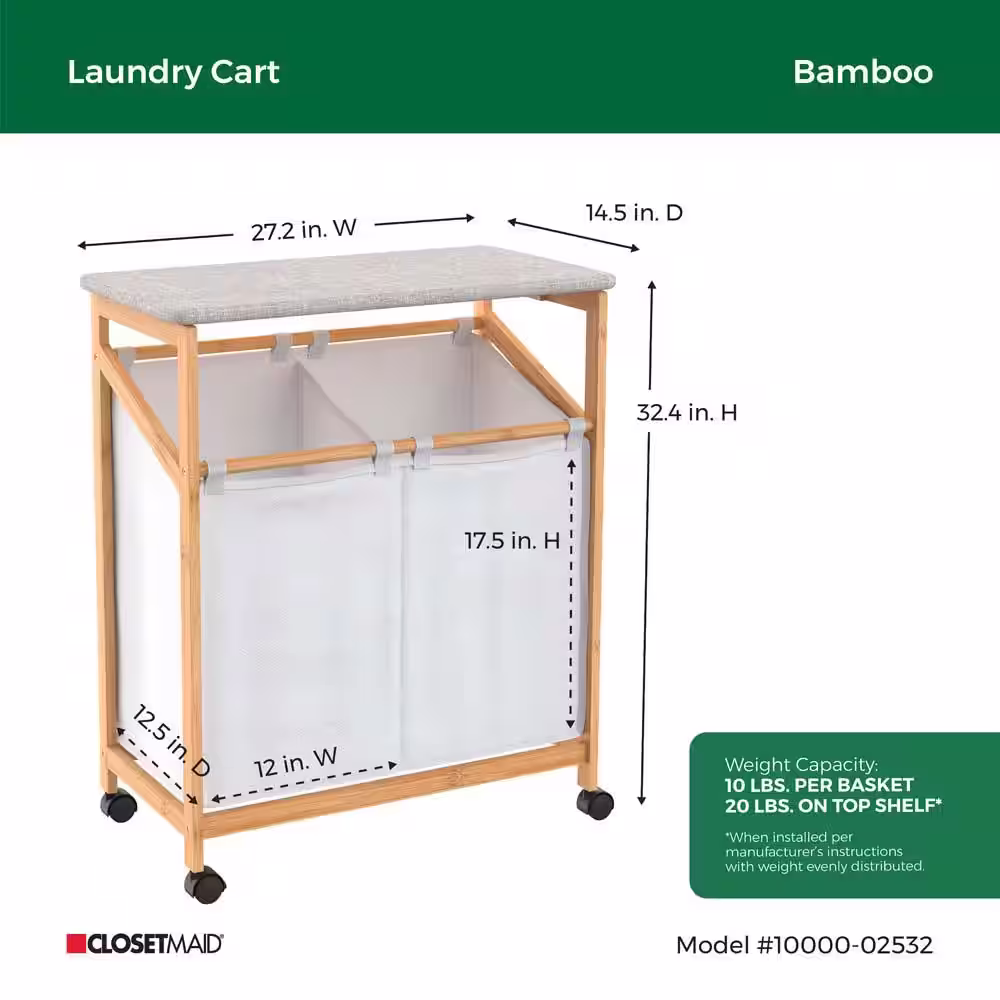 ClosetMaid Bamboo 2-Compartment Laundry Cart with Wheels