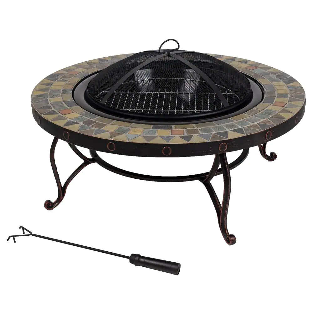 Pleasant Hearth Juniper Slate Top 34 in. W x 19.6 in. H Round Steel Wood Burning Rubbed Bronze Fire Pit