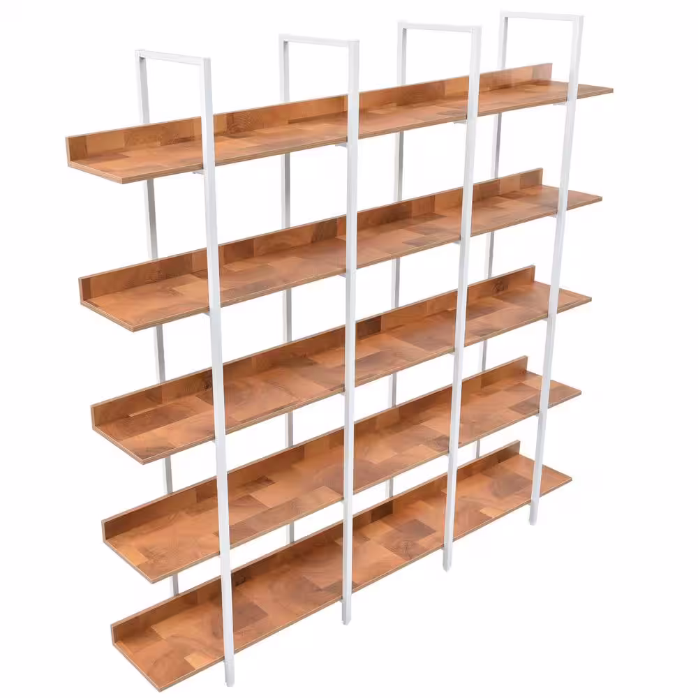 Siavonce 11.81 in. W x 70.90 in. H x 70.90 in. D Brown+White 5 Tier Metal Frame Bookcase Home Office Open MDF Board Bookshelf