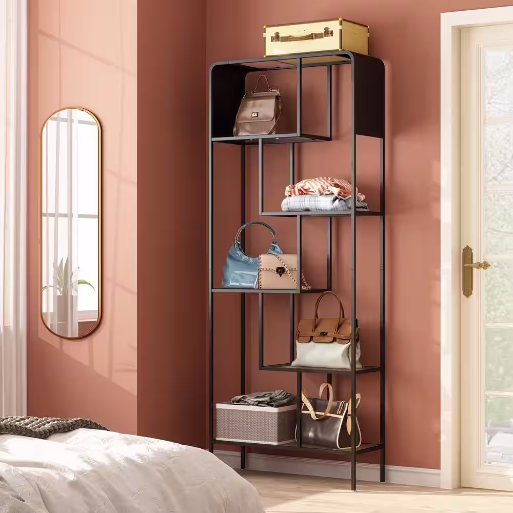None 31.5 in. W x 78.9 in. H x 11.8 in. D 6 Glass Shelves Metal Freestanding Cabinet in Black