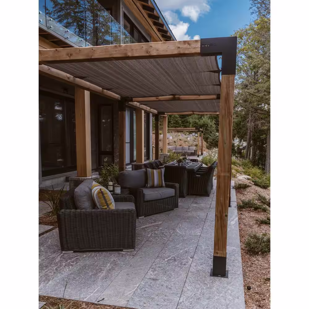 TOJA GRID 8 ft. L x 16 ft. W Double Wall Mount Pergola Kit with 2 Denim Shade Sails, 6x6 Wood