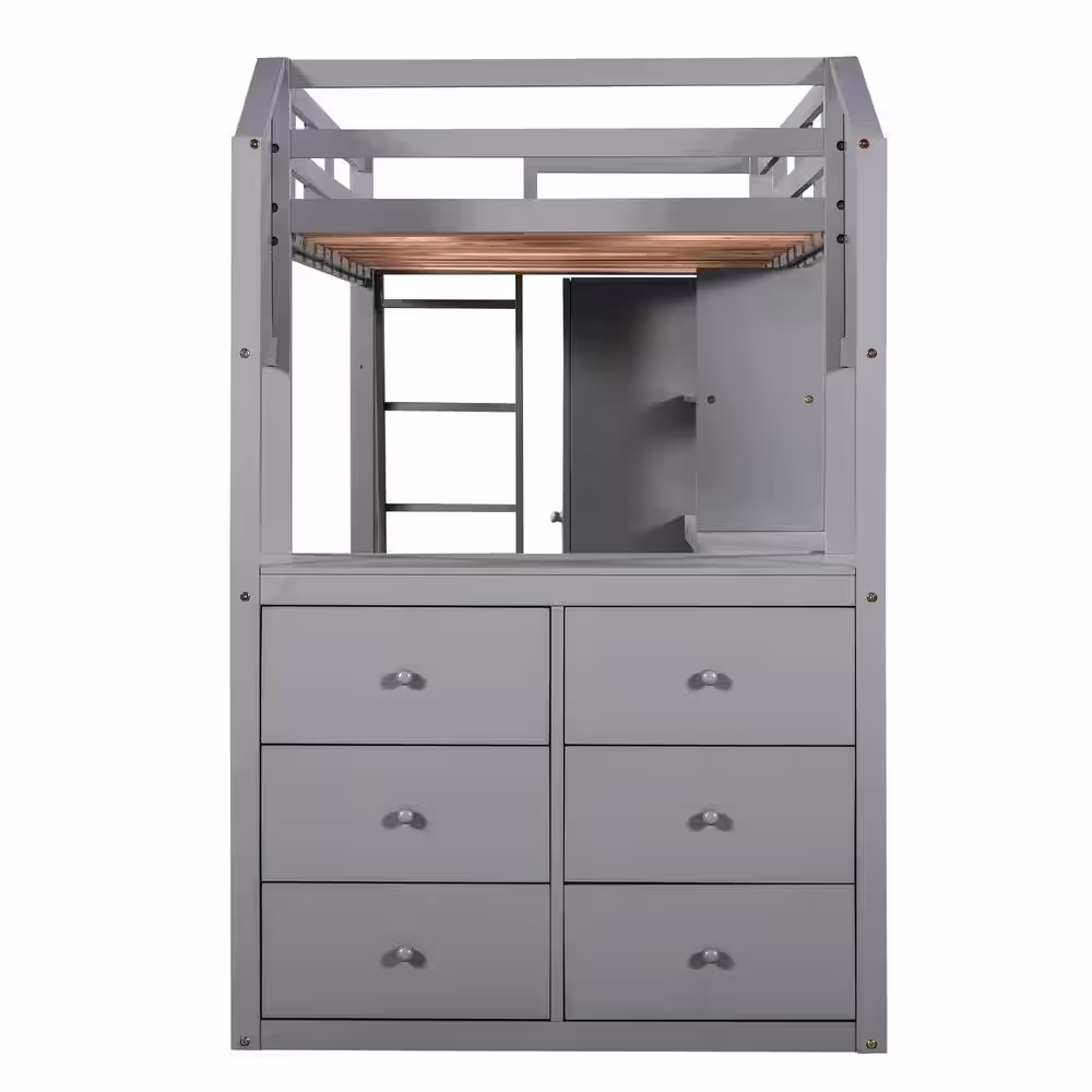 Harper & Bright Designs Gray Twin Loft Bed with Wardrobe, 7-Drawers and Attached Desk with Shelves
