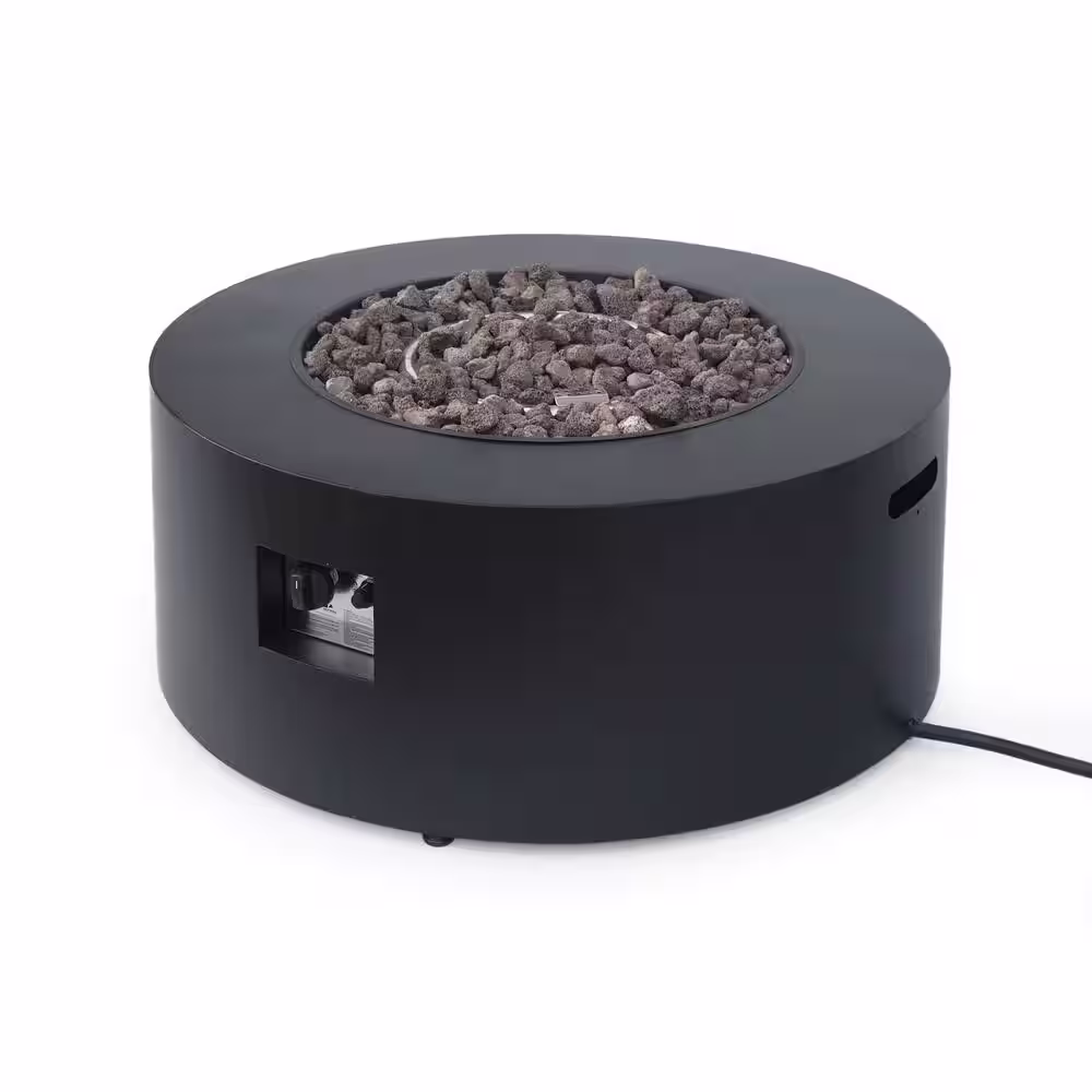 Noble House Wellington 15.25 in. x 19.75 in. Round Concrete Propane Fire Pit in Dark Grey with Tank Holder