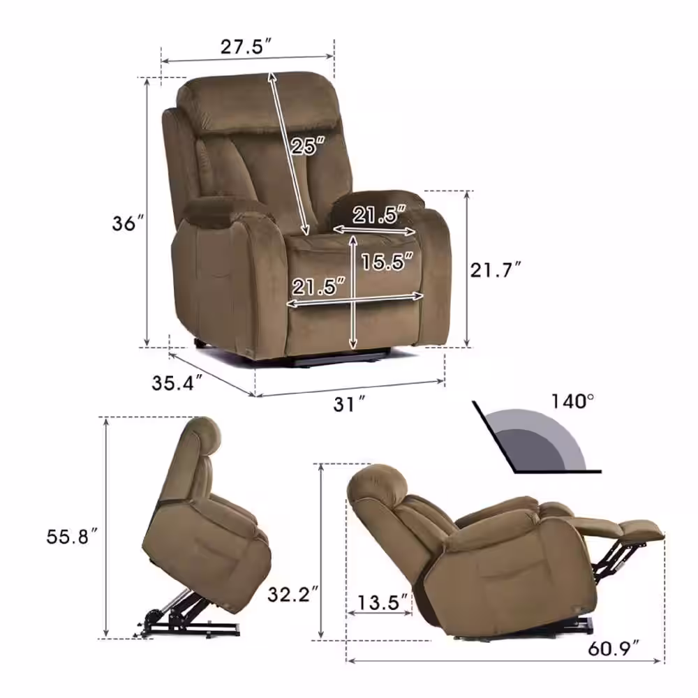 DAZONE Brown 31'' Wide Power Lift Assist Standard Recliner Velvet Polyester Blend with Remote Control