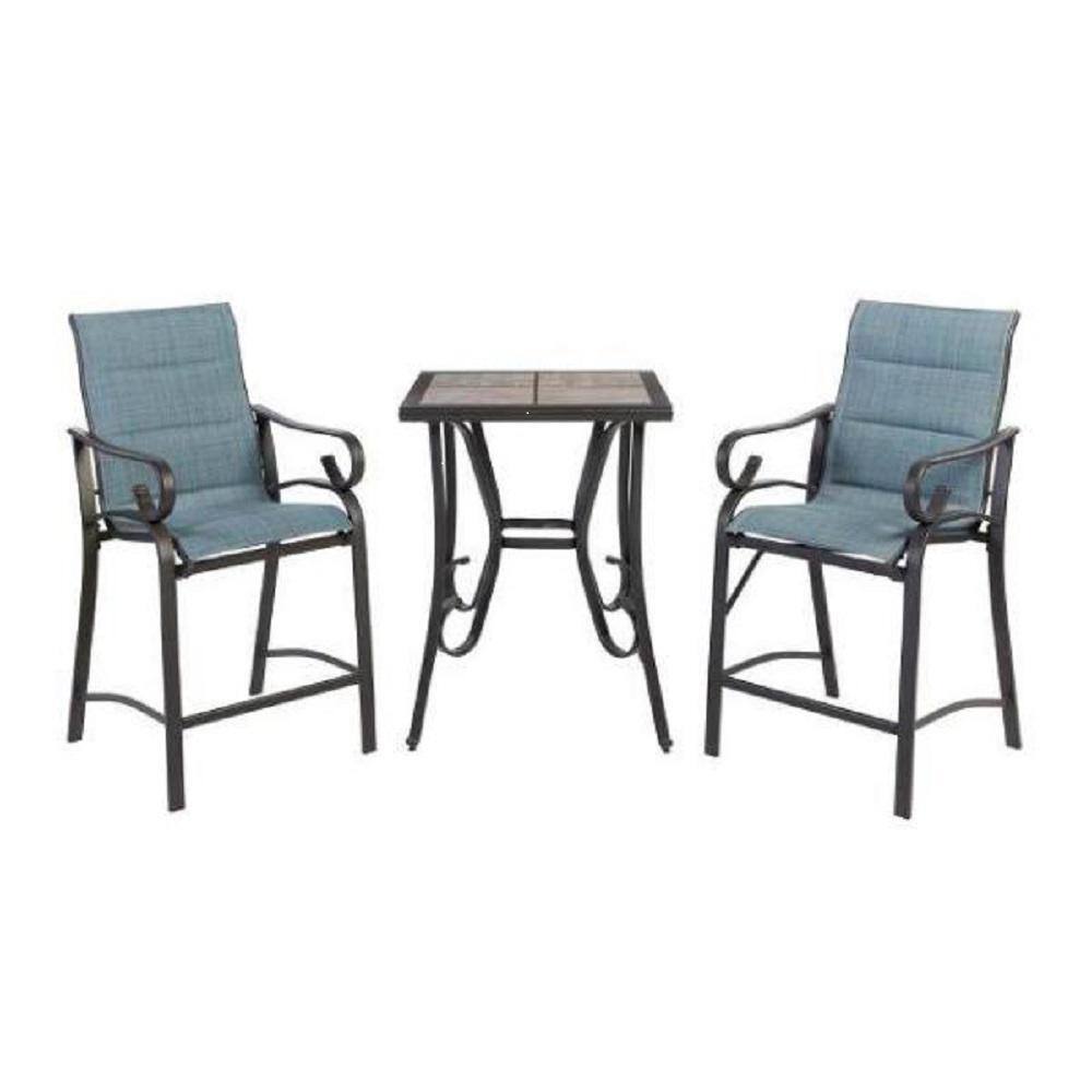 Hampton Bay Crestridge 3-Piece Steel Padded Sling Outdoor Patio Balcony Height Bistro Set in Conley Denim