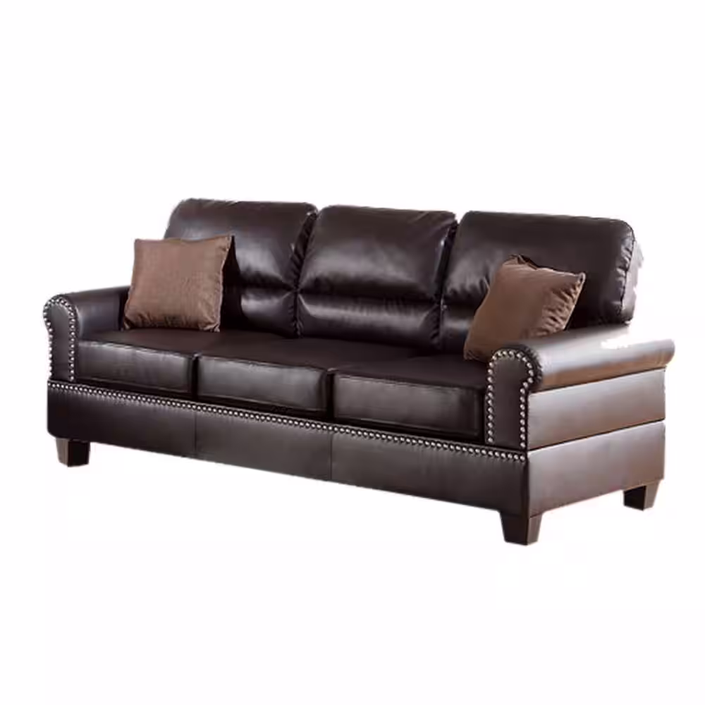Benjara 57 in. Round Arm Bonded Leather Straight 2-Piece Sofa Set with Pillows Brown