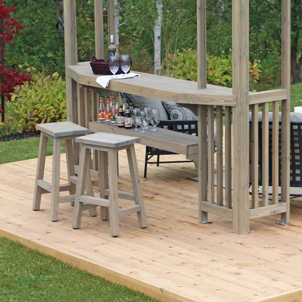 Yardistry Madison 10 ft. x 14 ft. Timber Gray Cedar Wood Backyard Patio Pergola including UV Sun Shade, Counter and Serving Bar
