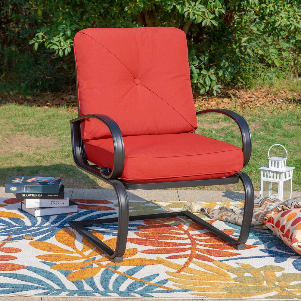 None 7-Piece Metal Patio Outdoor Dining Set with Slat Rectangle Table and C-Spring Chairs with Red Cushions