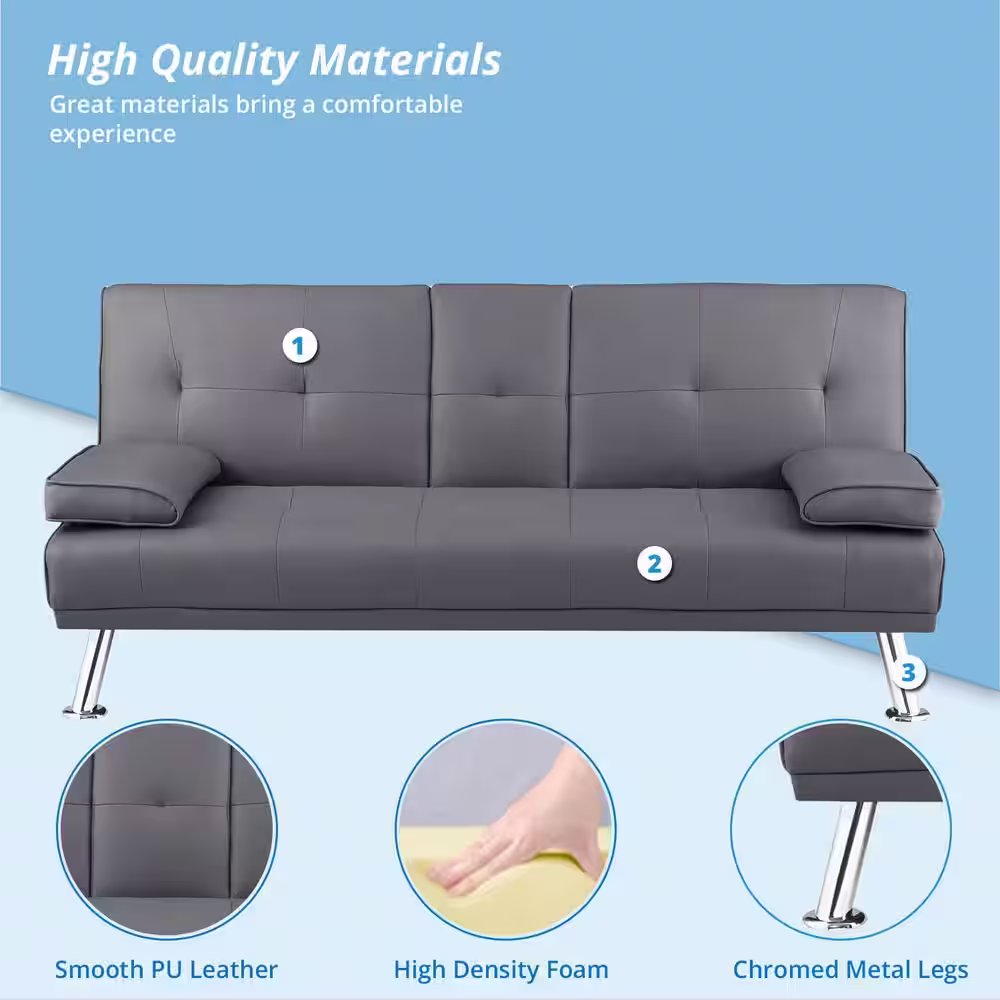 MAYKOOSH Gray, Futon Sofa Bed Faux Leather Futon Couch with Armrest and 2-Cupholders, Sofa Bed Couch Convertible with Metal Legs