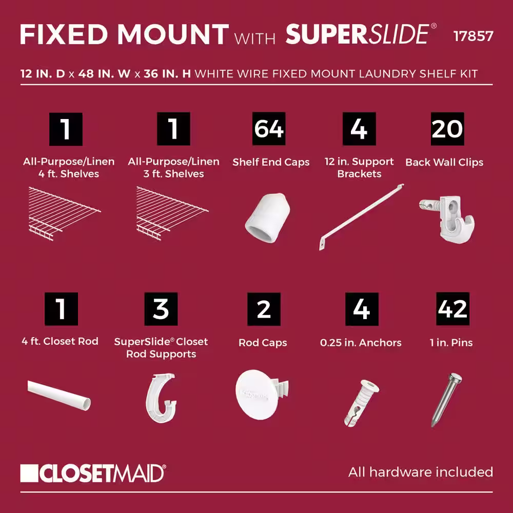ClosetMaid Superslide 12 in. D x 48 in. W x 36 in. H White Wire Fixed Mount Laundry Shelf Kit