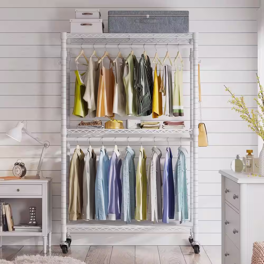 None White Metal Garment Clothes Rack with Wheels 45 in. W x 80 in. H