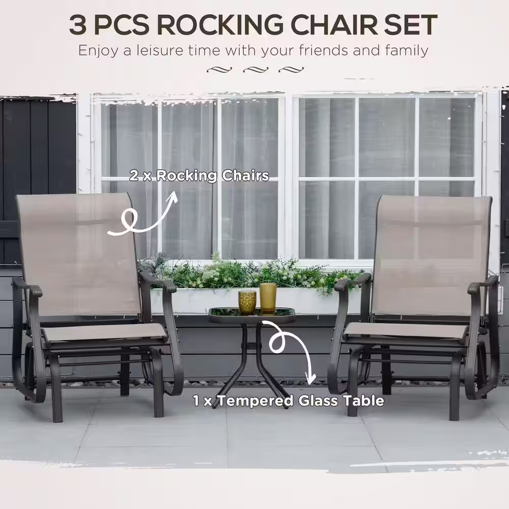 Outsunny Grey 3-Piece Metal Gliding Chair and Tea Table Set Lawn Chair with Tempered Glass