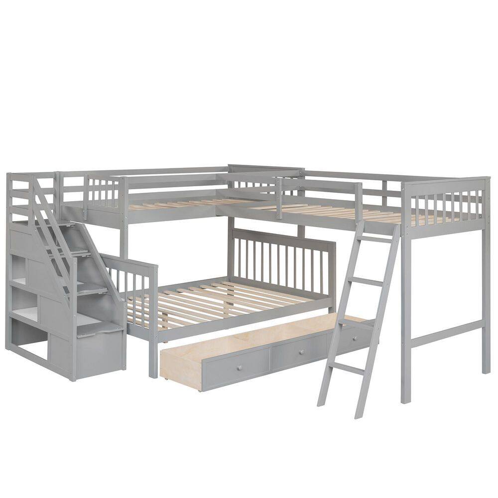 Qualler Gray Twin Over Full L-Shaped Bunk Bed With 3-Drawers and Staircase