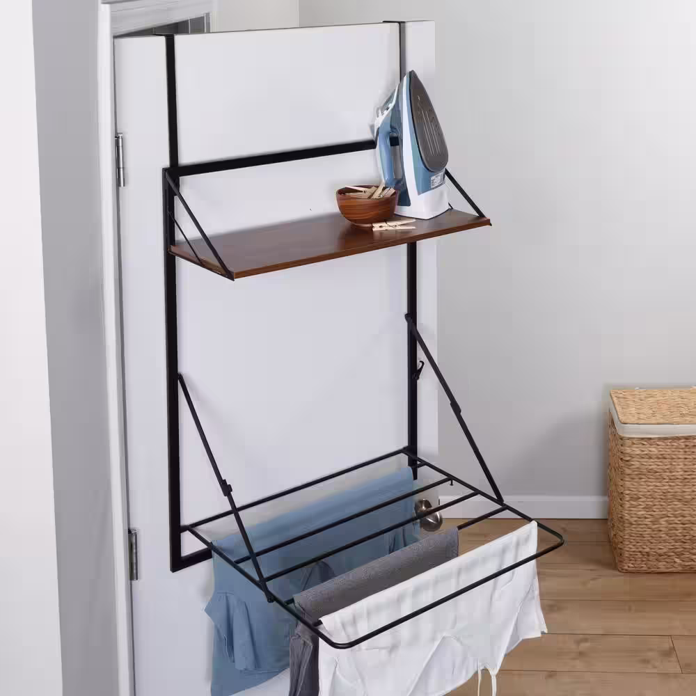 Honey-Can-Do Laundry Room Makeover 24 in. W x 31 in. H Melamine and Steel Wall-Mounted Folding Drying Rack in Black/Walnut