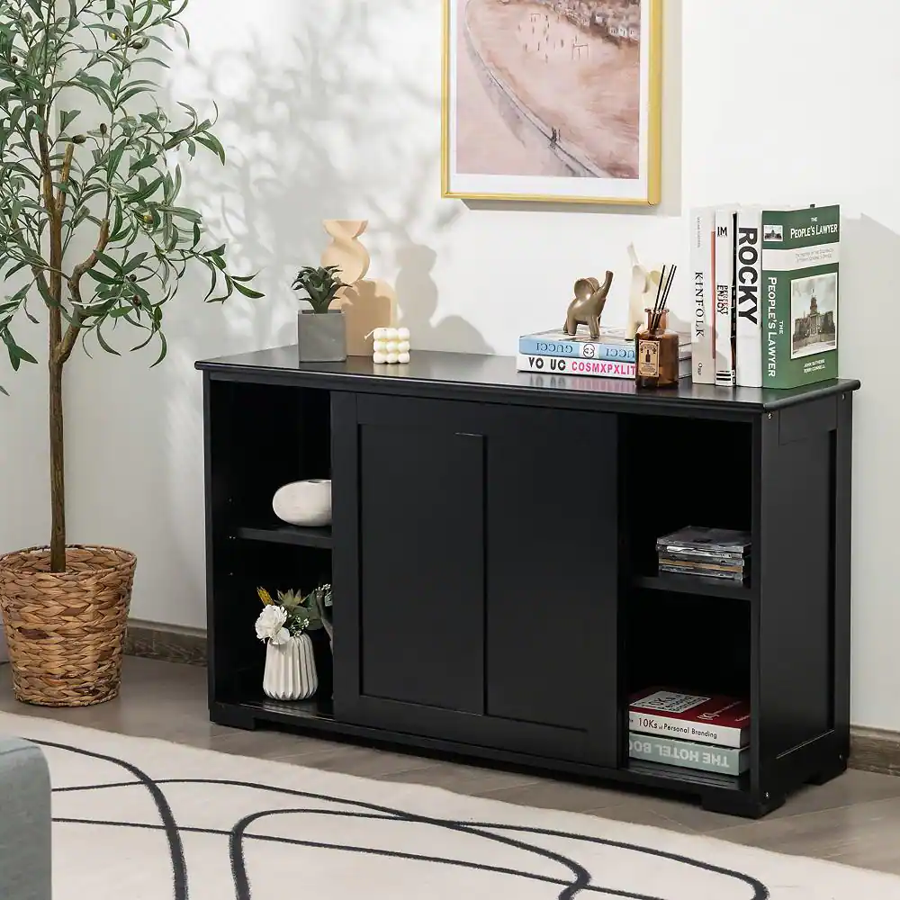 Costway Black Kitchen Storage Cabinet Sideboard Buffet Cupboard Wood Sliding Door Pantry