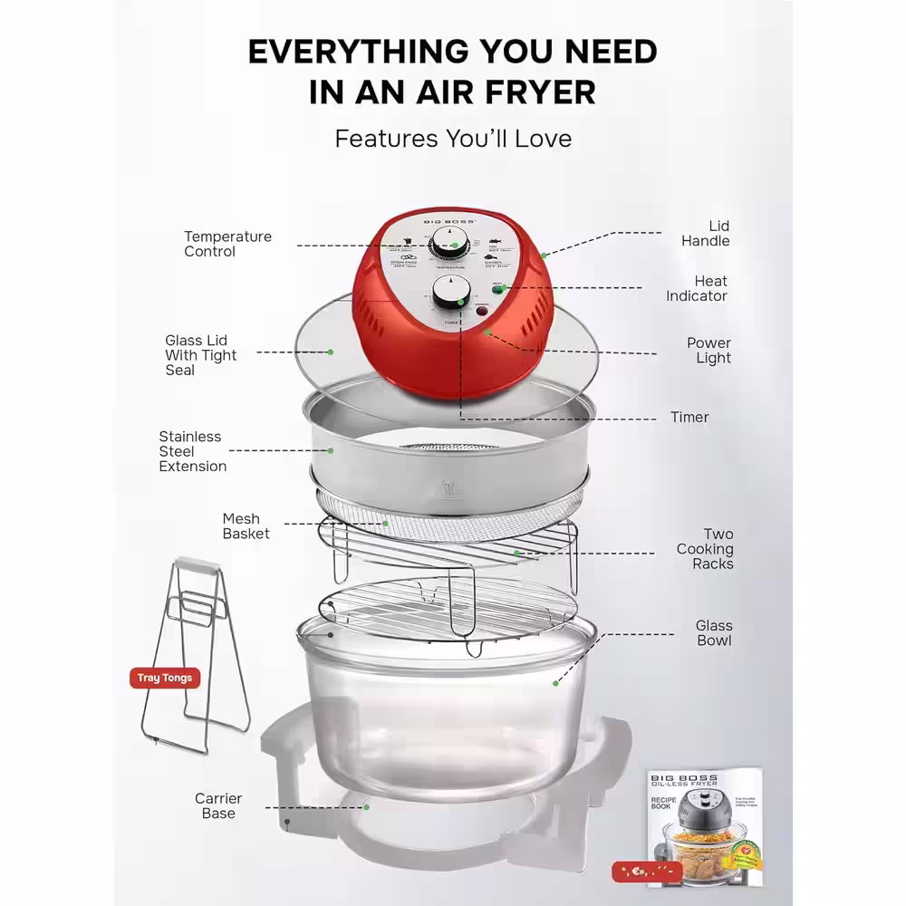 Big Boss 16 Qt. Red Oil-less Air Fryer with Built-In Timer
