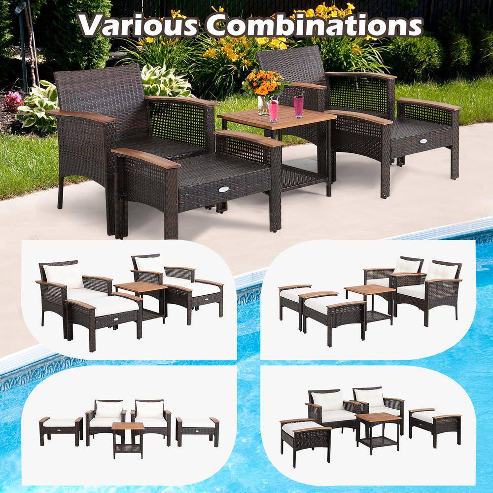 Costway 5-Piece Patio Rattan Furniture Set Acacia Wood Table Armrest Cushion Yard in Off White