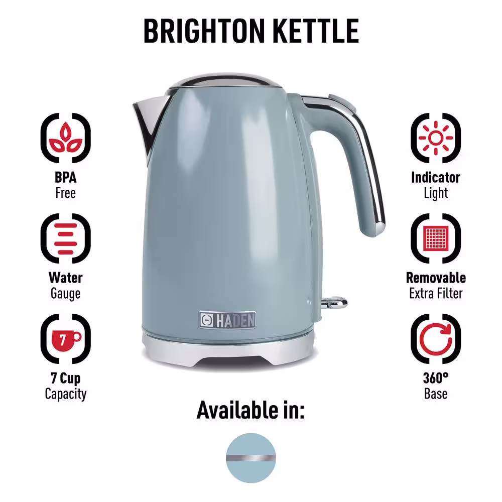HADEN Brighton 1.7 l 7-Cup Sky Blue Stainless Steel Electric Kettle with Auto Shut-Off and Boil-Dry Protection