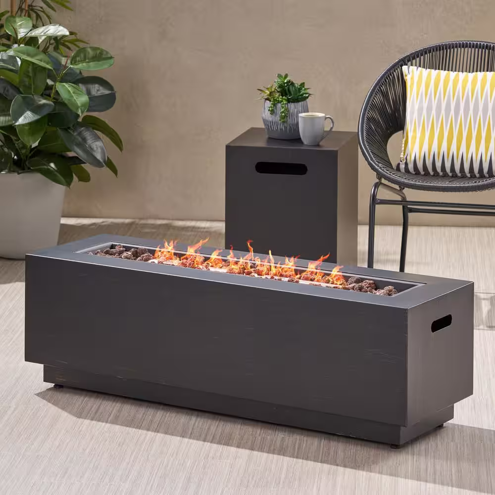 Noble House Wellington 15.25 in. x 19.75 in. Rectangular Concrete Propane Fire Pit in Brushed Brown with Tank Holder