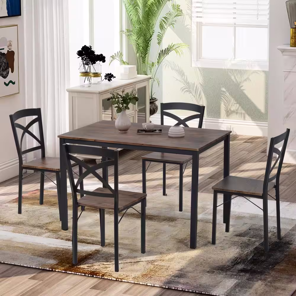 Harper & Bright Designs 5-Piece Industrial Brown Dining Set with Ergonomic Chairs