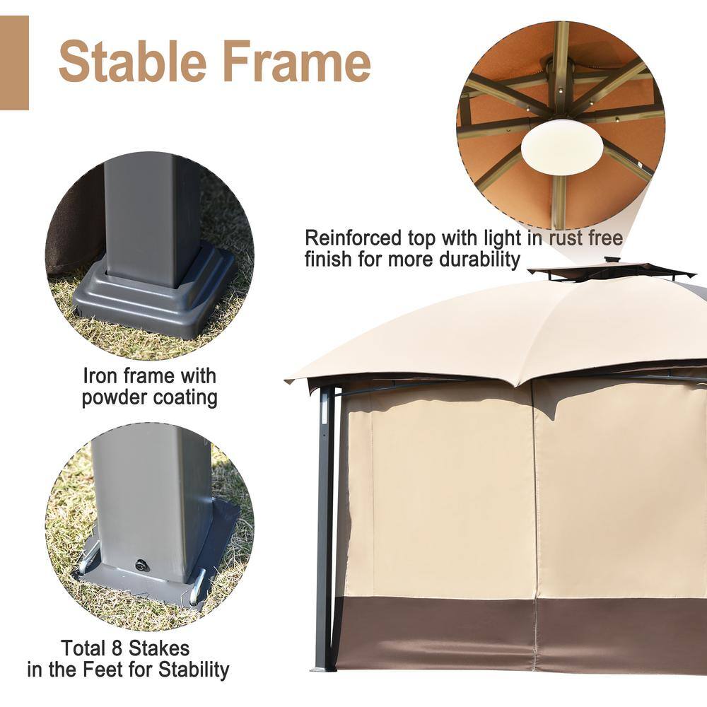 Harper & Bright Designs 10 ft. x 12 ft. Brown Double Vents Gazebo Patio with Screen and LED Lights