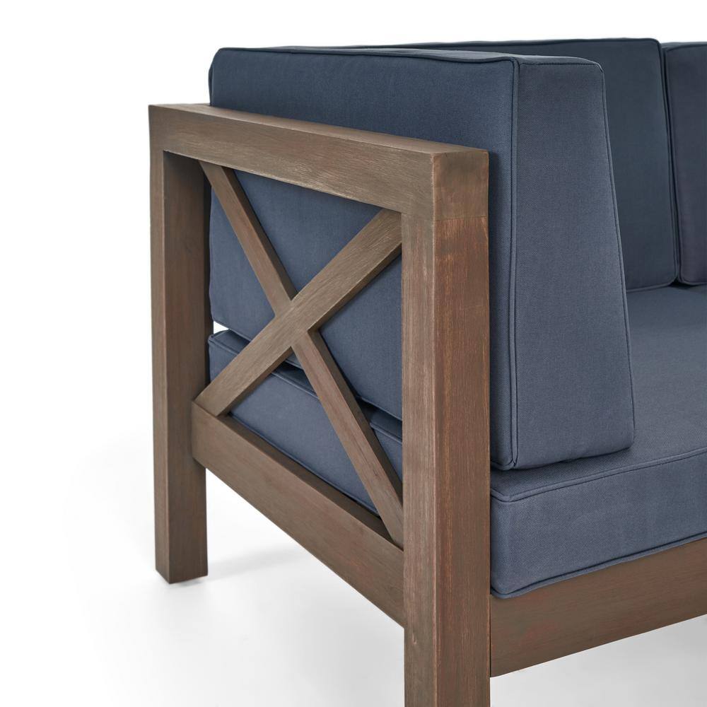 Noble House Brava Grey 5-Piece Wood Patio Conversation Sectional Seating Set with Dark Grey Cushions