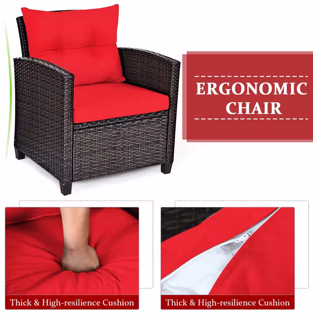 Costway Mix Brown 3-Piece Rattan Wicker Patio Conversation Set Sofa Coffee Table with Red Cushions