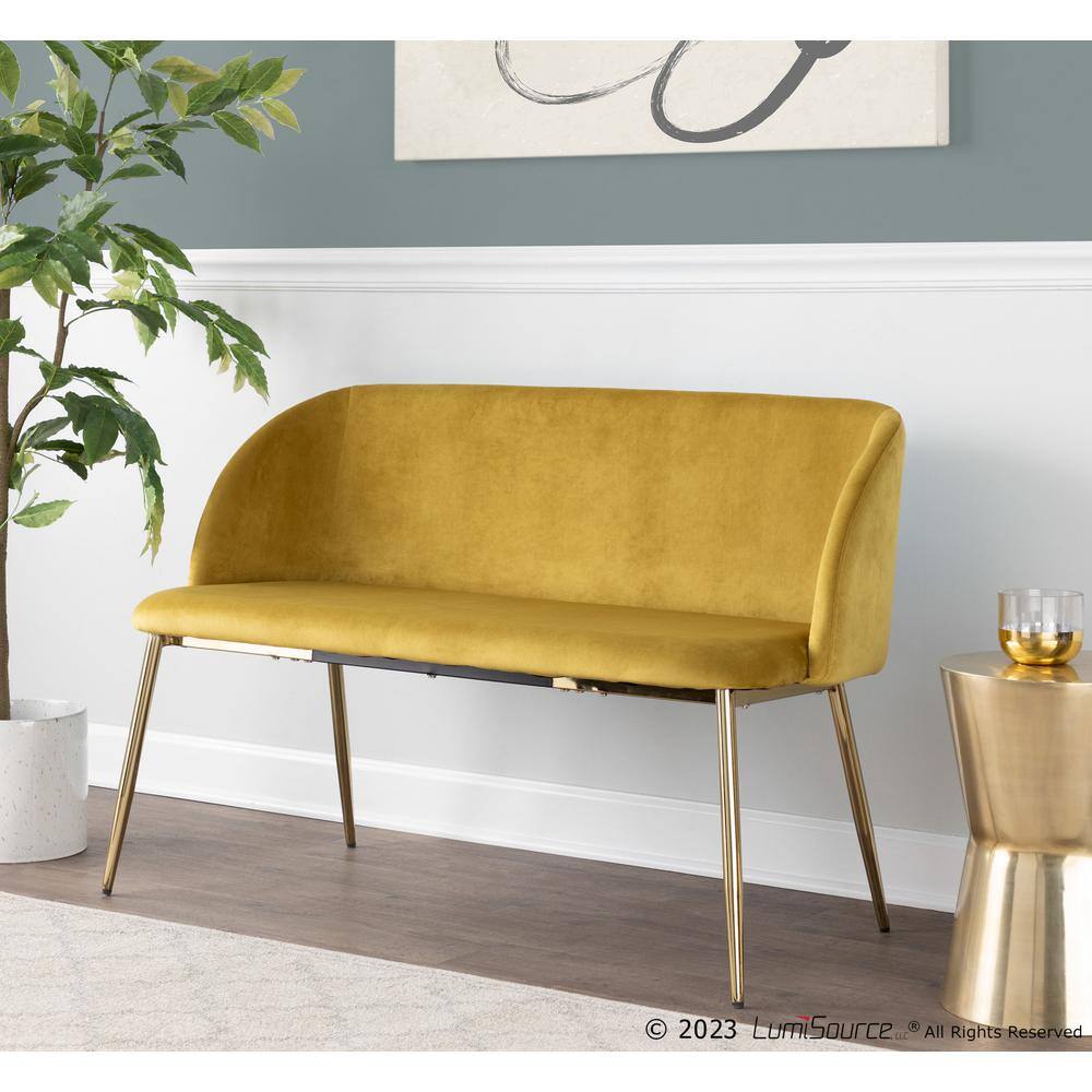 Lumisource Fran Yellow Velvet and Gold Metal Bench (29.75 in. x 46 in. x 21 in.)