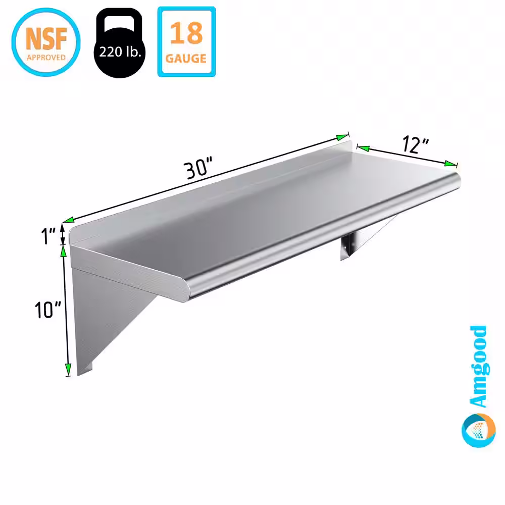 None 12 in. x 30 in. Stainless Steel Wall Shelf. Kitchen, Restaurant, Garage, Laundry Metal Shelf with Brackets