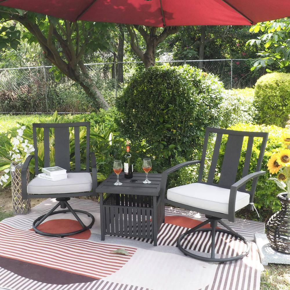 None Simple and Modern Design Black 3-Piece Metal Outdoor Bistro Set with Gray Cushion That Can Be Rotated 360Â°