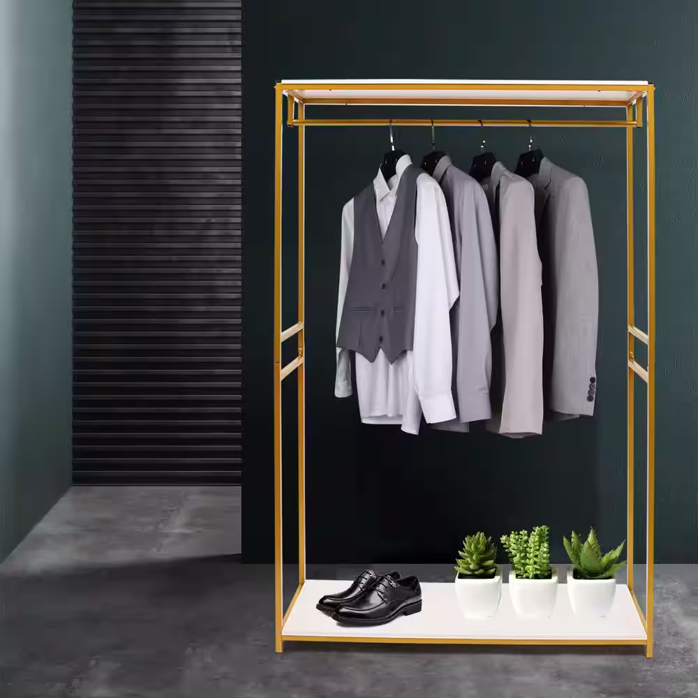 None Creative Retail Heavy Duty Metal Gold Clothes Rack Wedding Dress Display stand with Shelves 47 in. W x 74 in. H