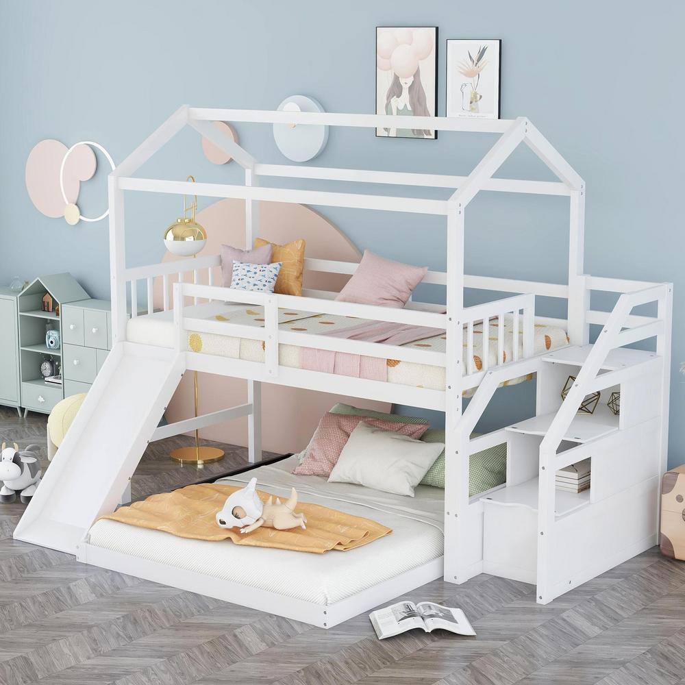 GOJANE White Twin over Full House Bunk Bed with Convertible Slide and Storage Staircase, Full-Length Guardrail