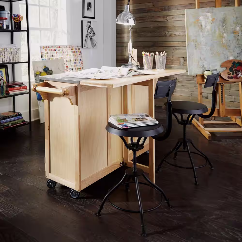 HOMESTYLES Natural Wood Kitchen Cart with Stainless Top and Breakfast Bar