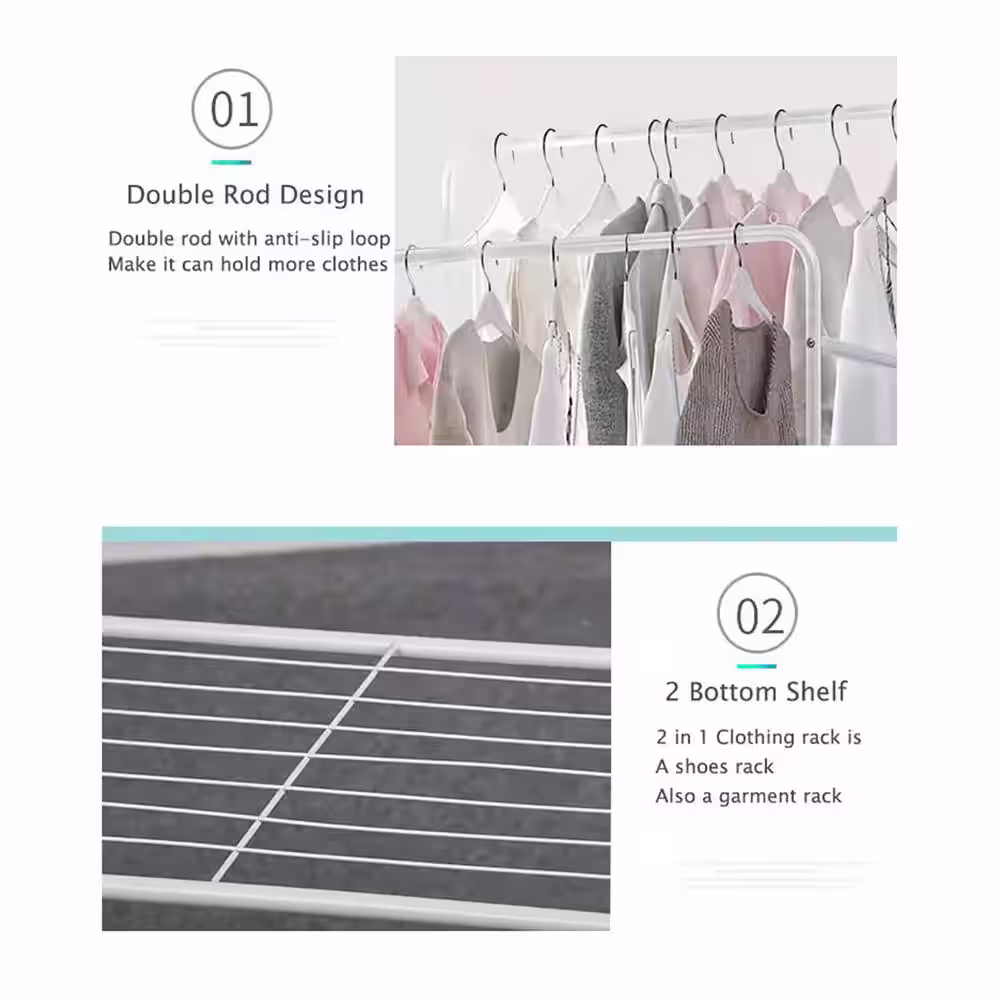 None White Steel Garment Clothes Rack Double Rods 31.5 in. W x 62.6 in. H