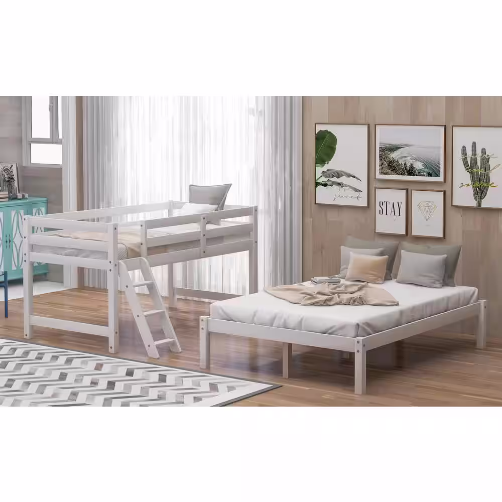 Harper & Bright Designs White Twin Over Full Bunk Bed Daybed with Ladder