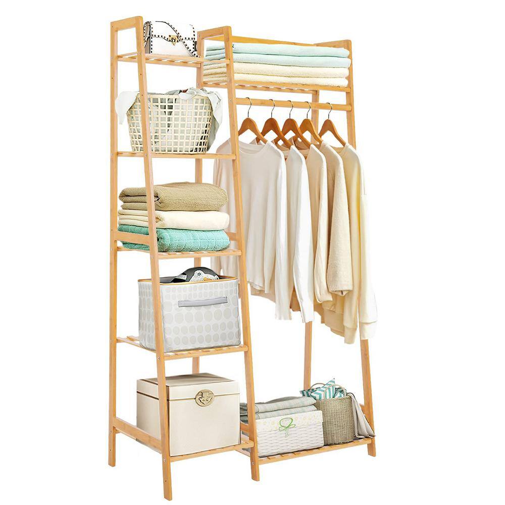 None Brown Bamboo Garment Clothes Rack with 5 Shelves 32 in. W x 55 in. H