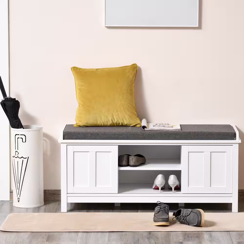 HOMCOM 20 in. H x 44 in. W 10-Pair White Particleboard Shoe Storage Bench with Adjustable Shelving, 6-Compartments