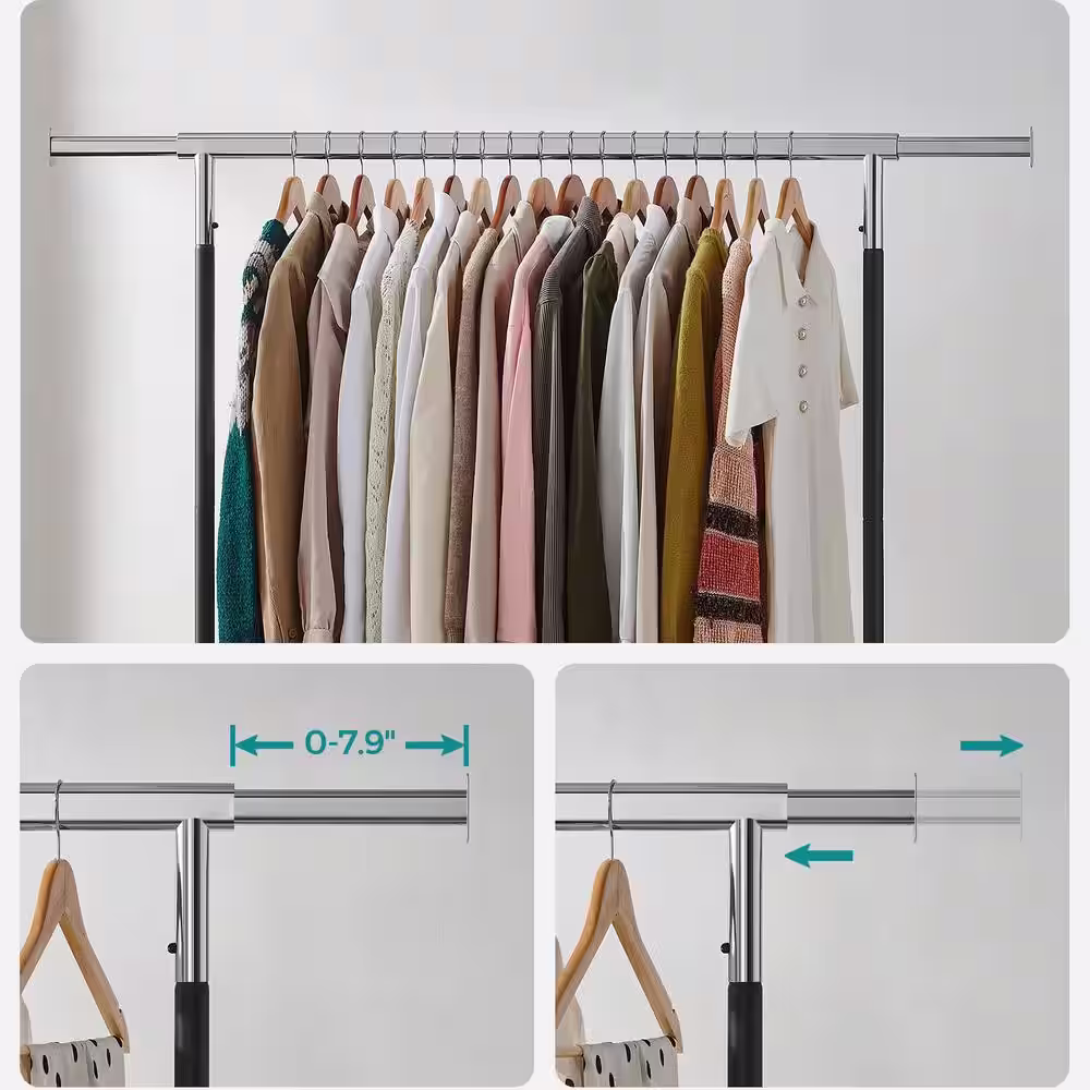 None Black Steel Extendable Garment Clothes Rack with Wheels 43 in. W x 63 in. H