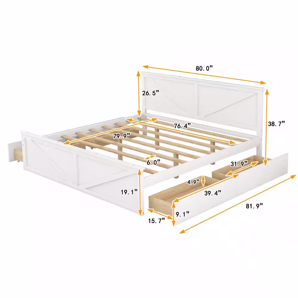 Harper & Bright Designs White Wood Frame King Size Platform Bed with 4 Storage Drawers