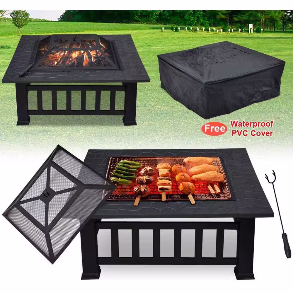 DIRECT WICKER Maxwell 31 in. W x 16 in. H Square Steel Deep Wood Burning Bowl Fire Pit with Cover
