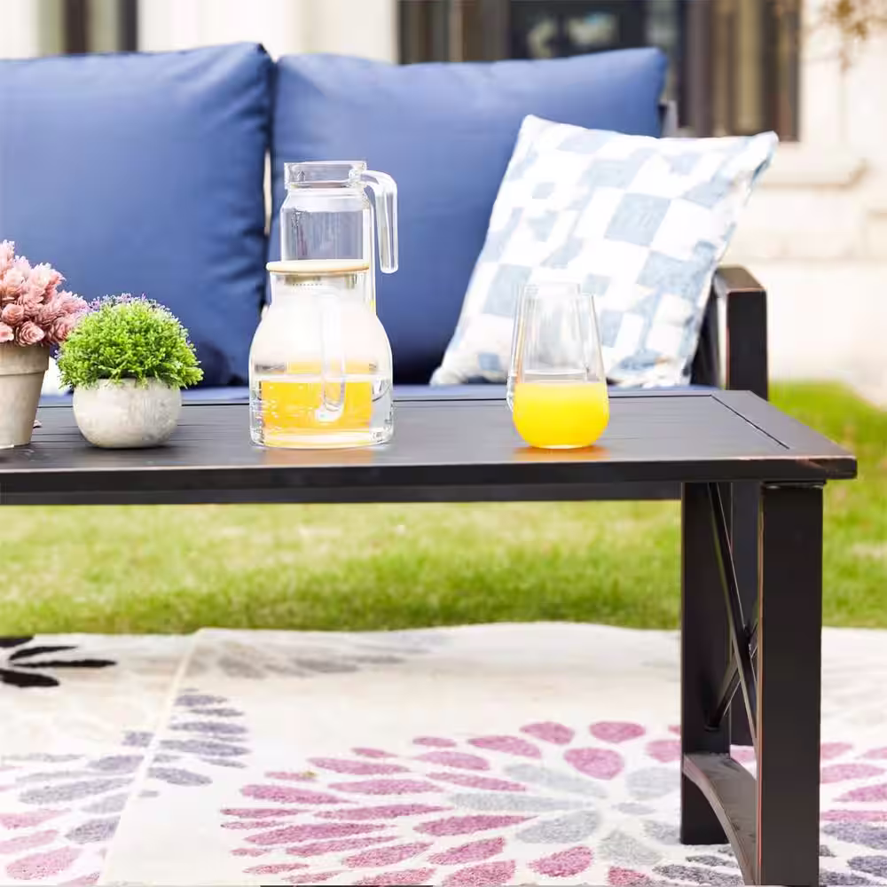 TOP HOME SPACE 5-Piece Metal Patio Conversation Set with Blue Cushions