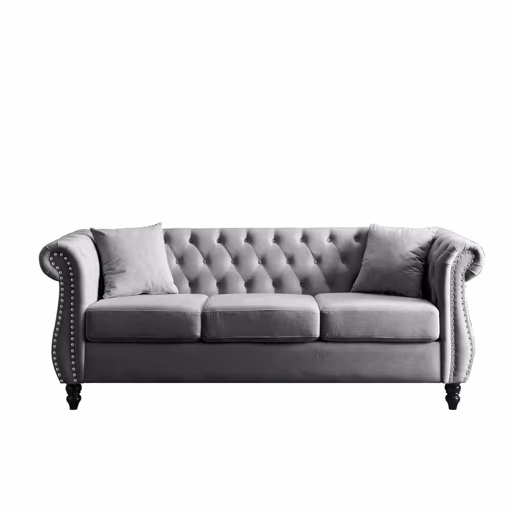 Harper & Bright Designs 80 in. Wide Rolled Arm Rectangle Velvet 3 Seater Chesterfield Sofa with Tufted, Nailhead Design, and 2-pillows in Gray